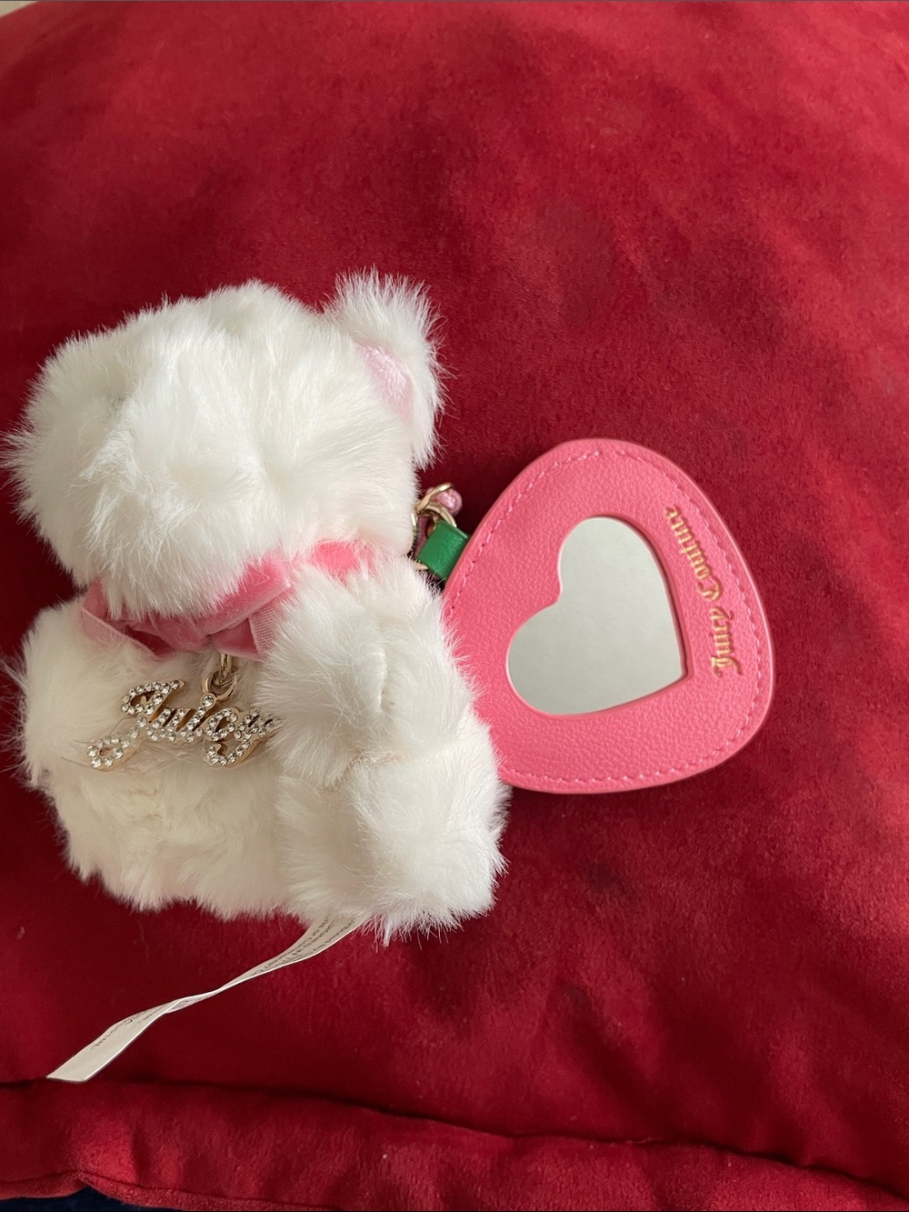 Juicy Couture White Plush Bear with Pink Heart Mirror Charm  / Keychain NEW